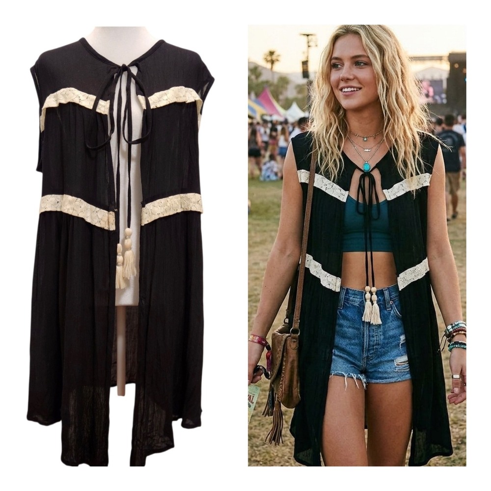 Vintage 90s Whimsigoth Fairy Boho Kimono Lace Trim Duster Open-Front Cardigan